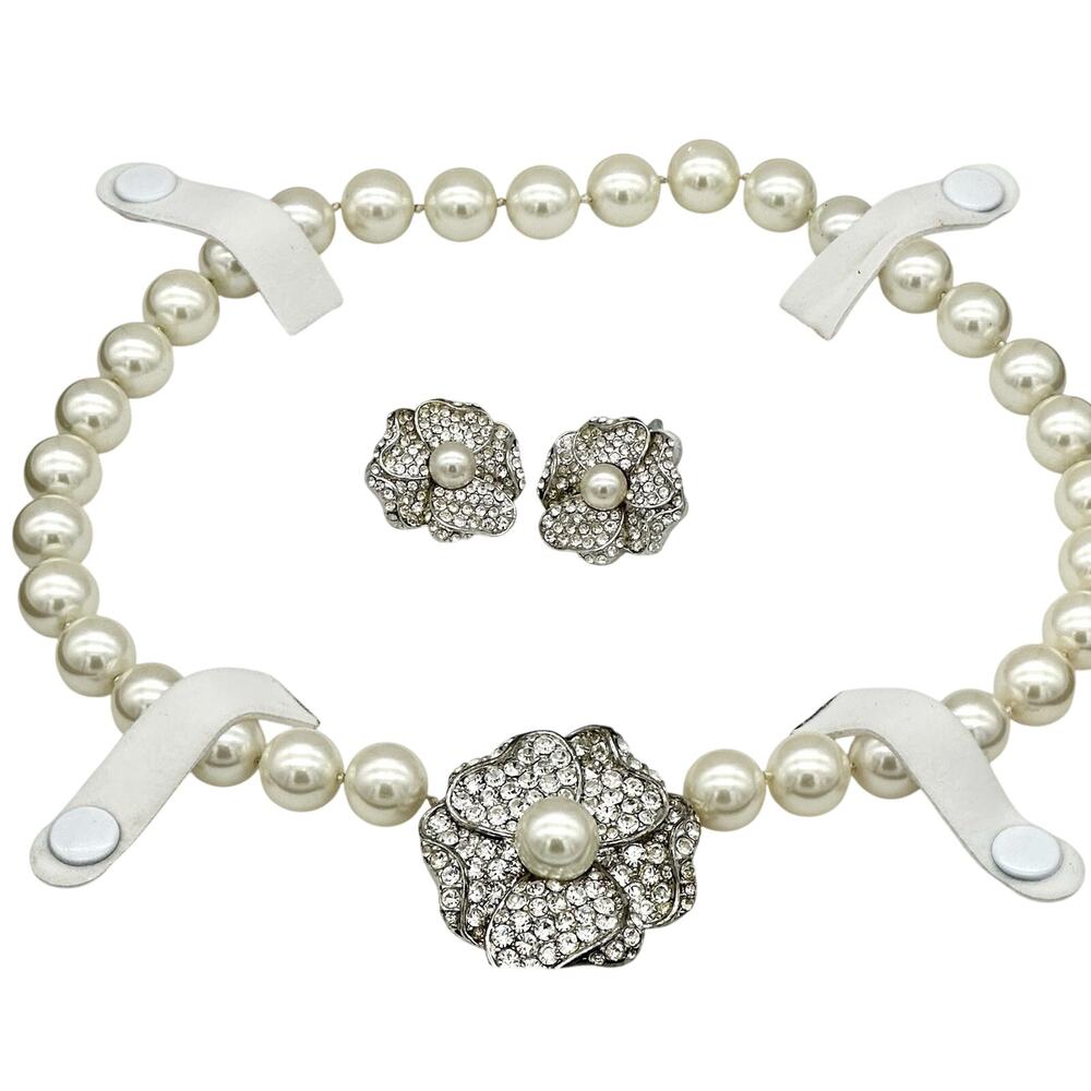 Kenneth Jay Lane KJL Vintage Faux Pearl Rhinestone Necklace and Earrings Set